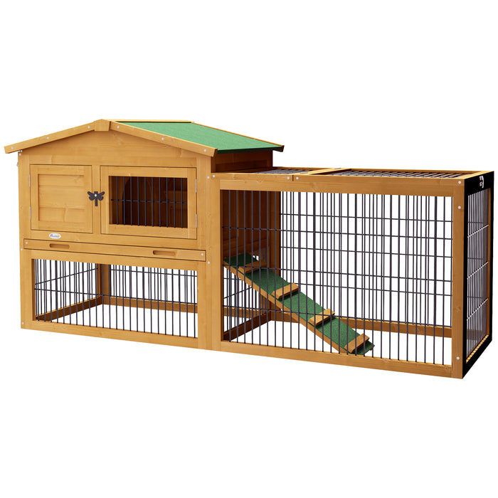 Wooden Rabbit Hutch with Run, Asphalt Roof, Pull-Out Tray, Ramp, Yellow