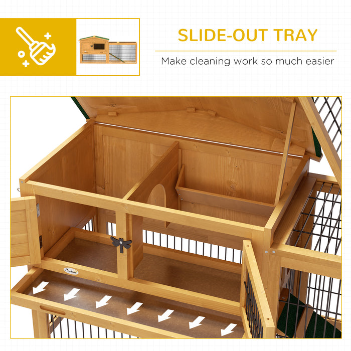 Wooden Rabbit Hutch with Run, Asphalt Roof, Pull-Out Tray, Ramp, Yellow