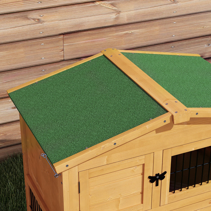 Wooden Rabbit Hutch with Run, Asphalt Roof, Pull-Out Tray, Ramp, Yellow