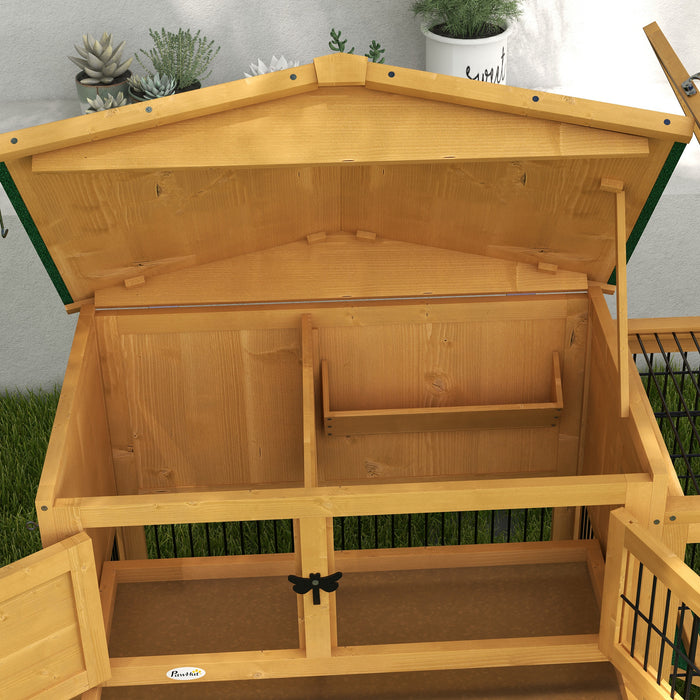 Wooden Rabbit Hutch with Run, Asphalt Roof, Pull-Out Tray, Ramp, Yellow