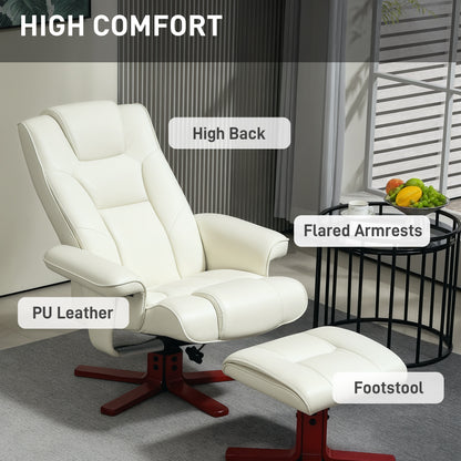 Recliner Chair with Footstool, PU Leather Rocker Recliner Armchair with High Back, Wooden Base, Reclining Chair for Living Room, Bedroom, Cream White