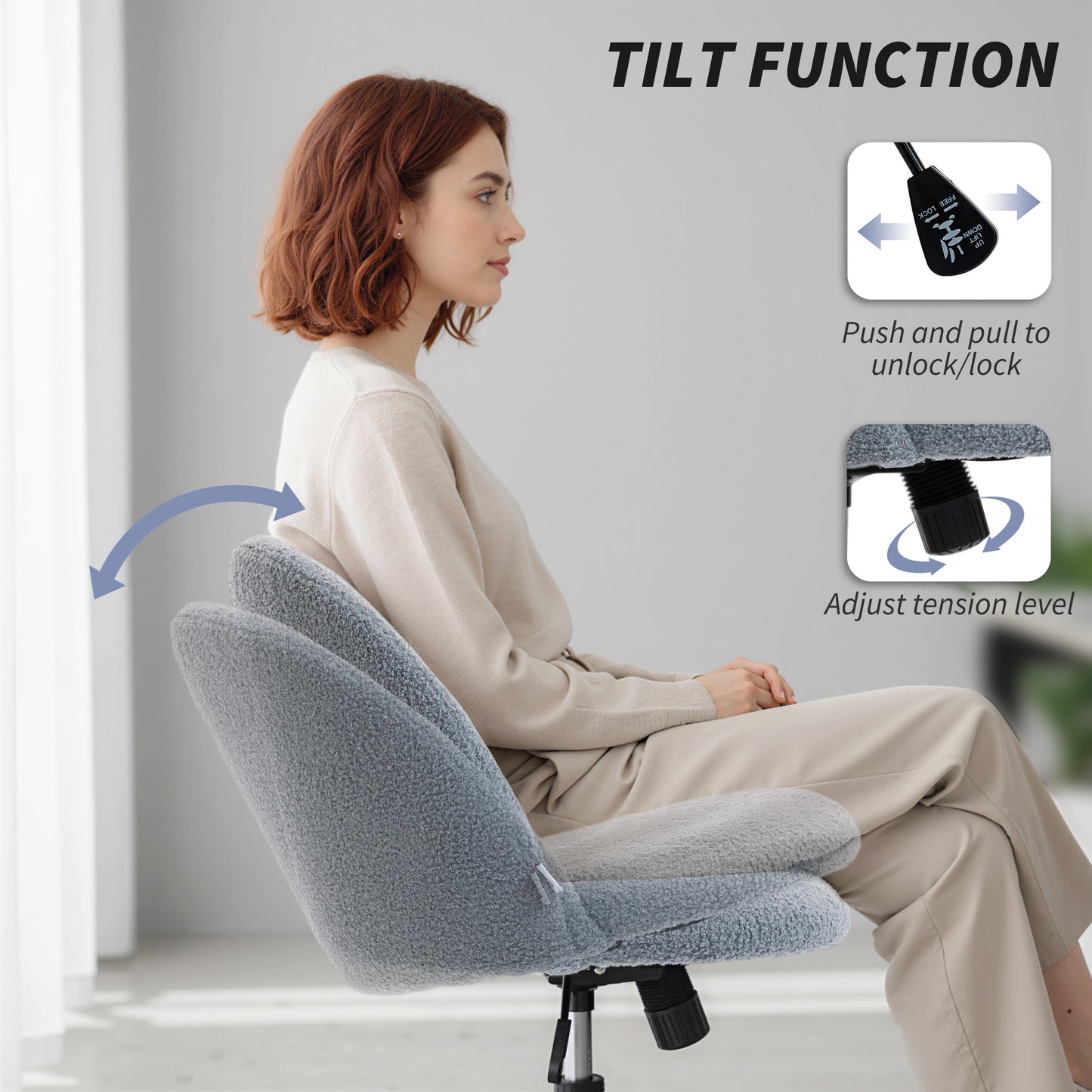 Desk Chair, Fluffy Swivel Office Chair for Makeup Vanity, Grey