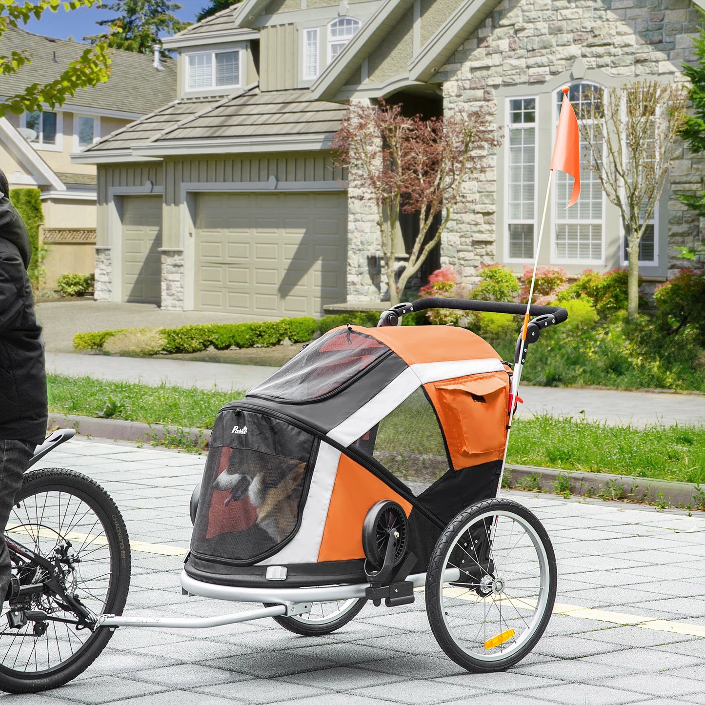 2-in-1 Dog Bicycle Trailer w/ Safety Leash, Reflectors - Orange
