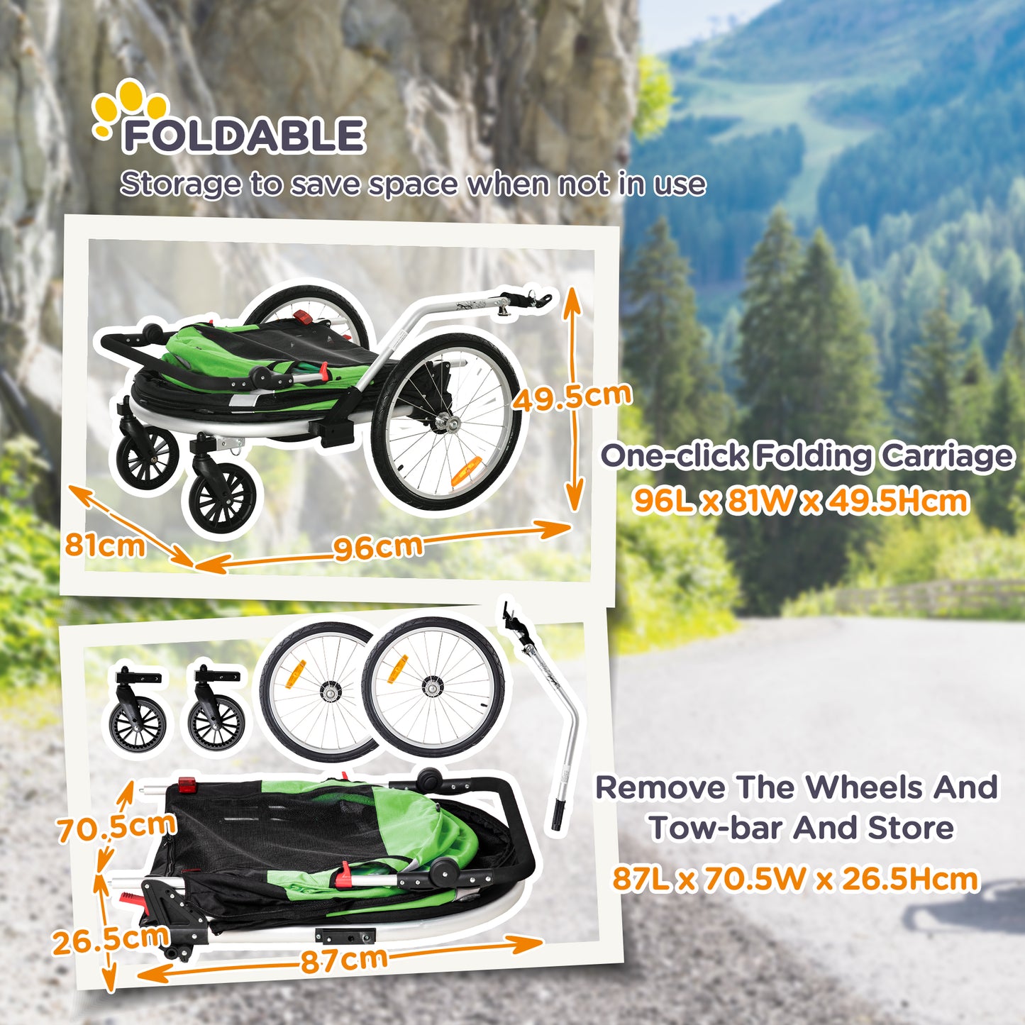 2-in-1 Dog Bicycle Trailer w/ Safety Leash, Reflectors - Orange