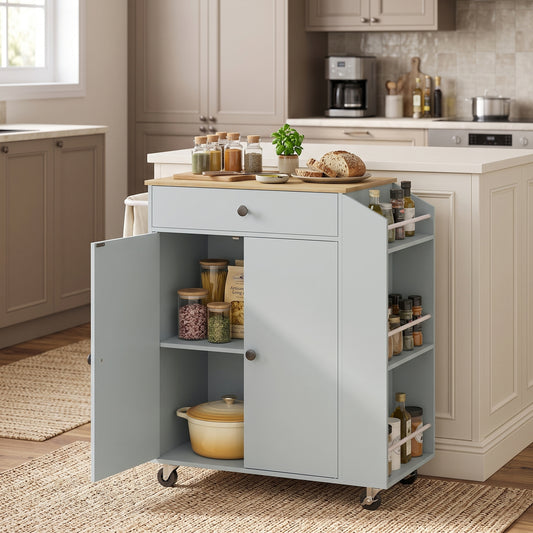Kitchen Trolley with Drawer, Cupboard and 3-Tier Spice Rack - Light Blue & Oak Effect