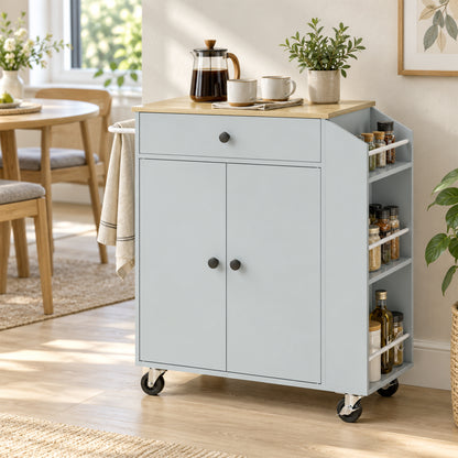 Kitchen Trolley with Drawer, Cupboard and 3-Tier Spice Rack - Light Blue & Oak Effect