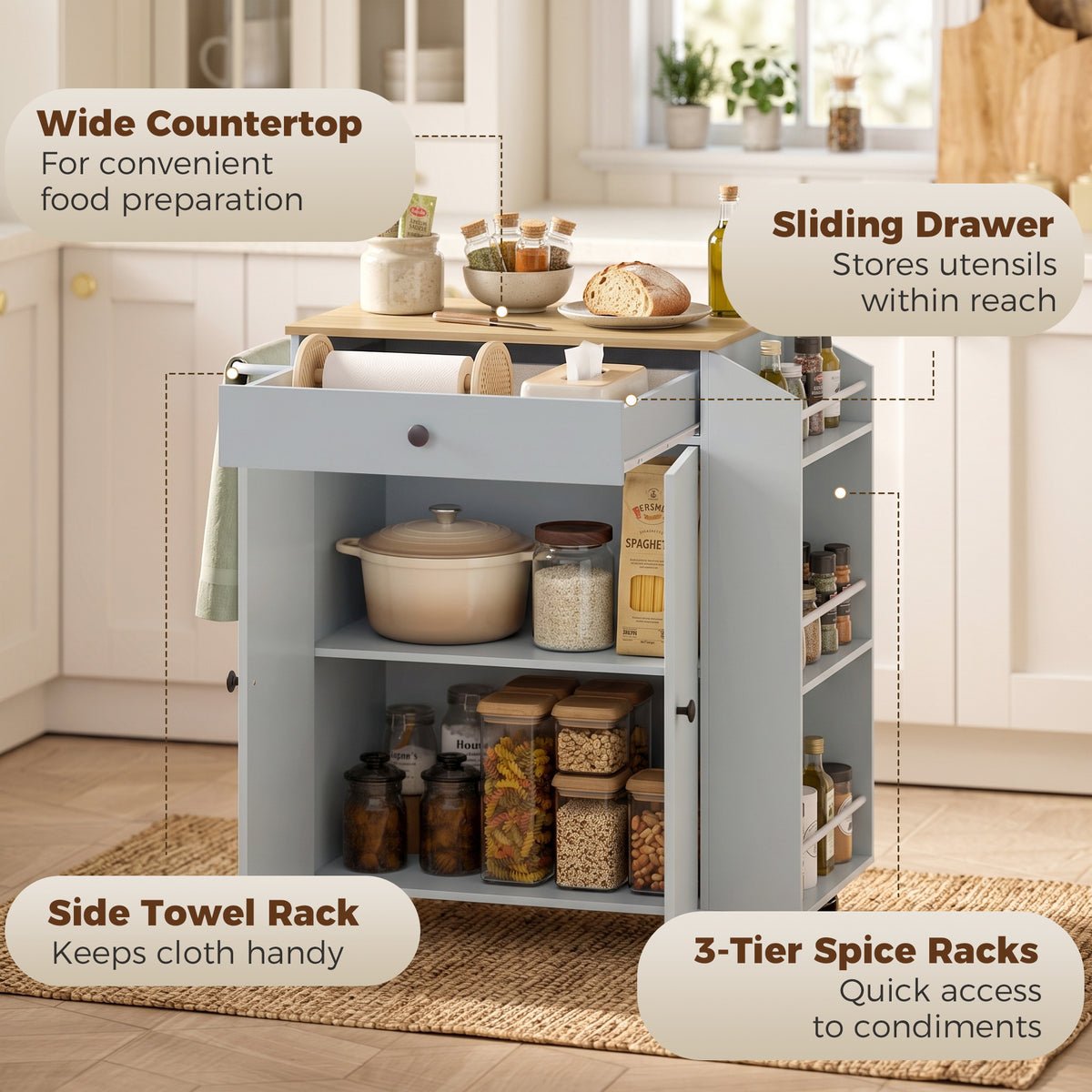 Kitchen Trolley with Drawer, Cupboard and 3-Tier Spice Rack - Light Blue & Oak Effect