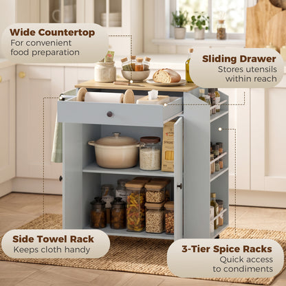 Kitchen Trolley with Drawer, Cupboard and 3-Tier Spice Rack - Light Blue & Oak Effect