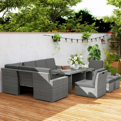 10-Seater Sofa Sectional w/ Cushioned Seat, Footstools and Glass Table