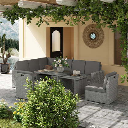 10-Seater Sofa Sectional w/ Cushioned Seat, Footstools and Glass Table