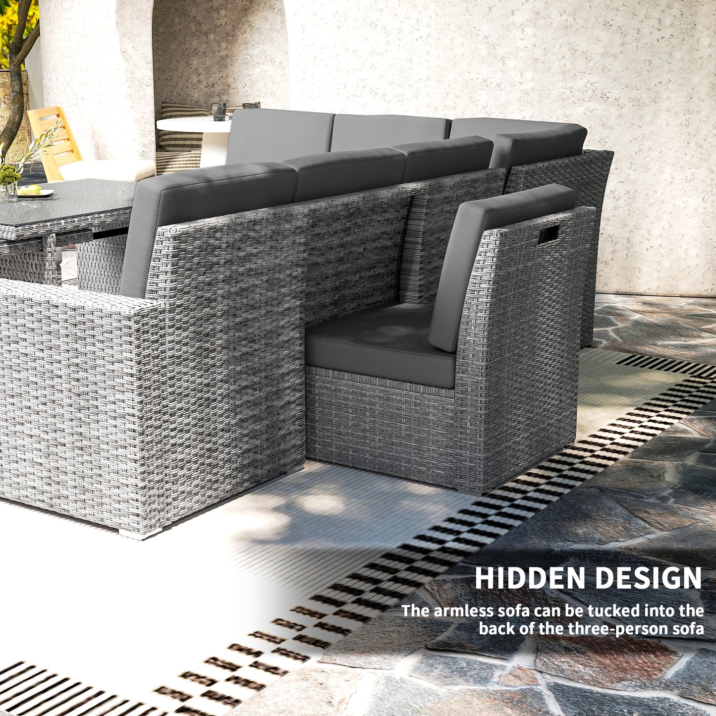 10-Seater Sofa Sectional w/ Cushioned Seat, Footstools and Glass Table