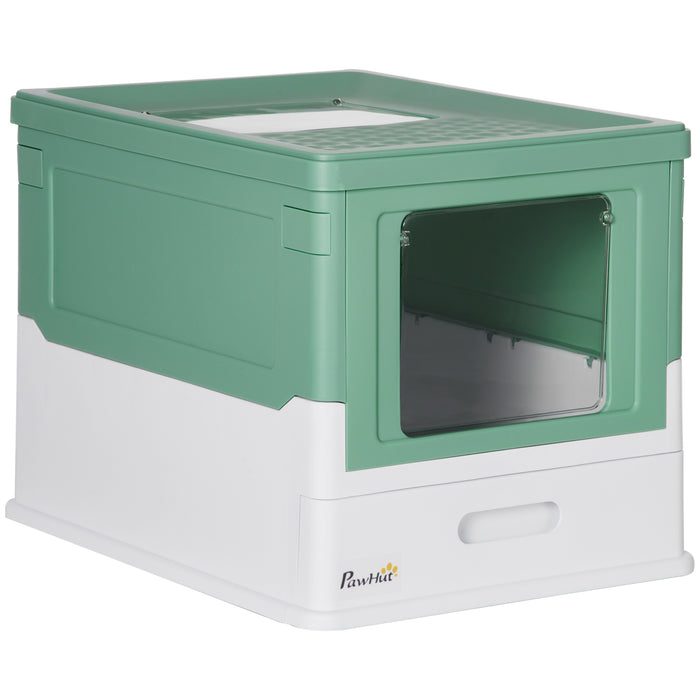 Hooded Cat Litter Box Scoop Included, Litter Tray with Front Entry Top Exit, Portable Pet Toilet with Large Space, 47.5 x 35.5 x 36.7 cm Green