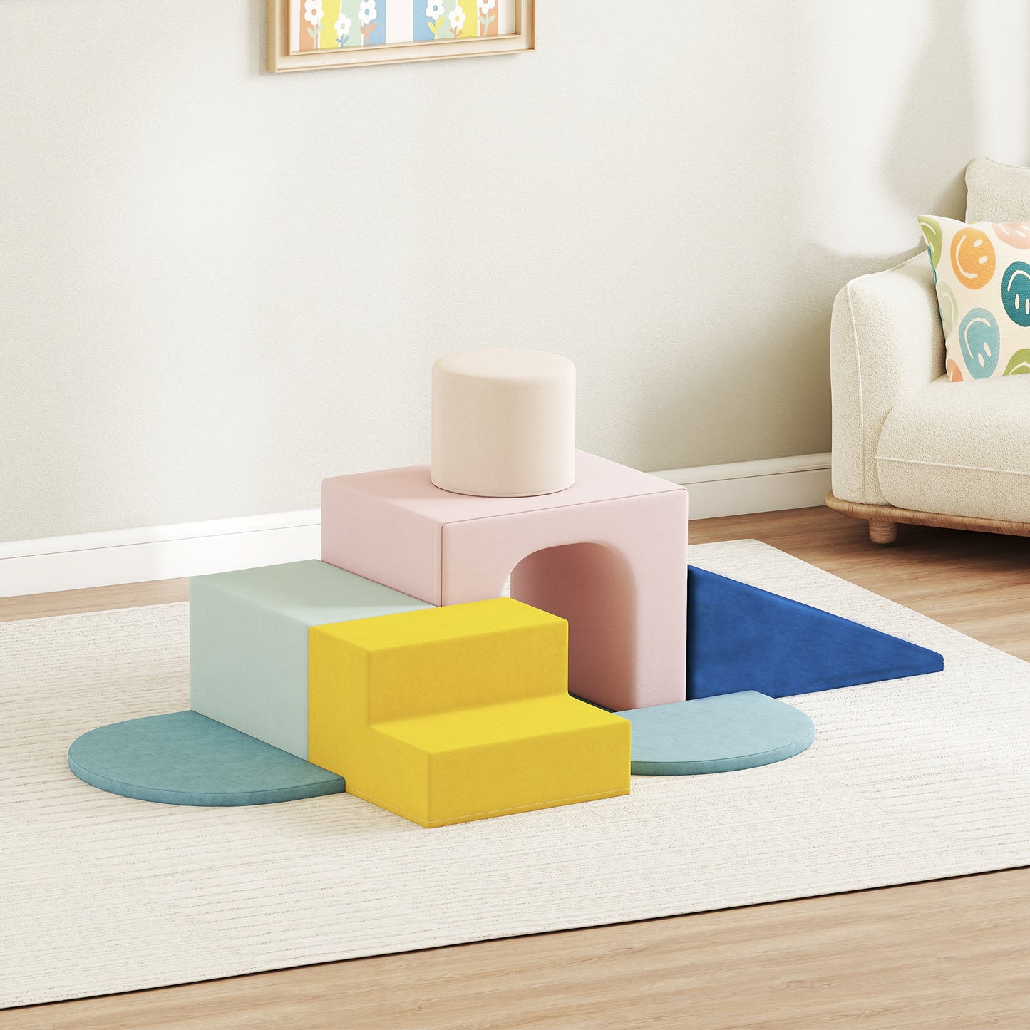 Soft Play Set, 8 Piece Foam Climbing Blocks for Toddler 0.5-3 Years, Soft Play Equipment with Washable Velvet Covers for Climbing and Crawling, Blue