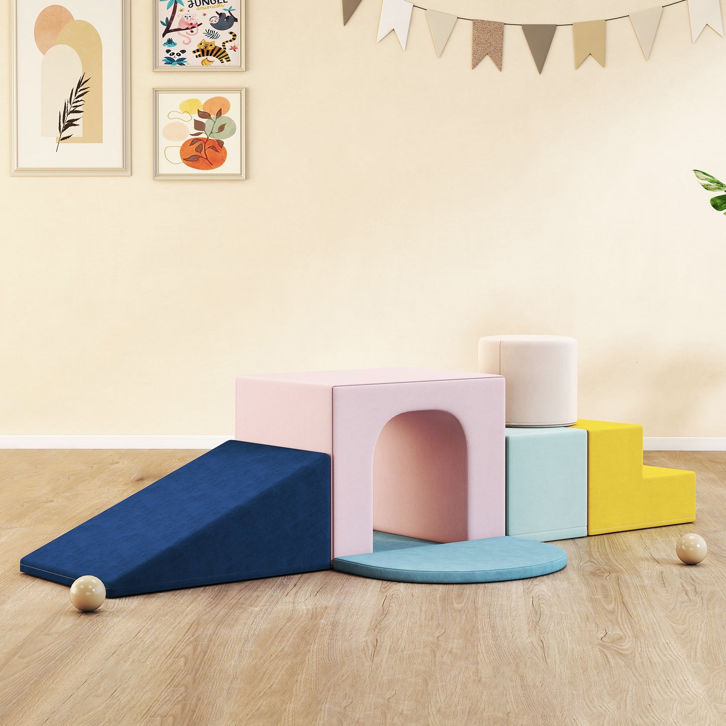 Soft Play Set, 8 Piece Foam Climbing Blocks for Toddler 0.5-3 Years, Soft Play Equipment with Washable Velvet Covers for Climbing and Crawling, Blue