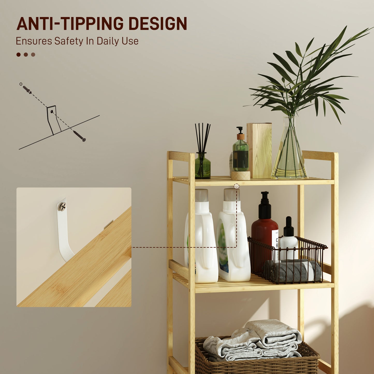 3-Tier Bamboo Bathroom Storage Shelf with Adjustable Rack, Natural