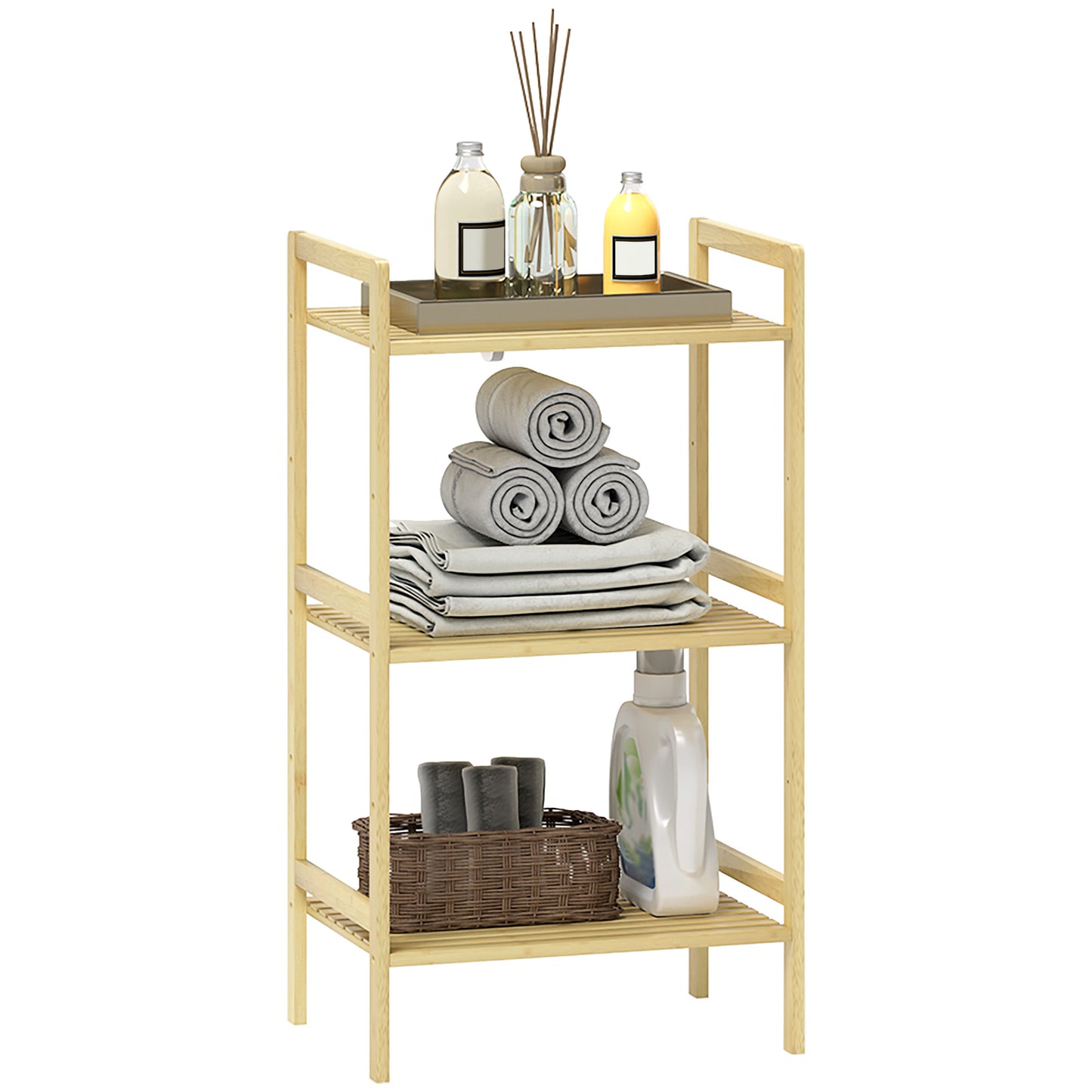 3-Tier Bamboo Bathroom Storage Shelf with Adjustable Rack, Natural