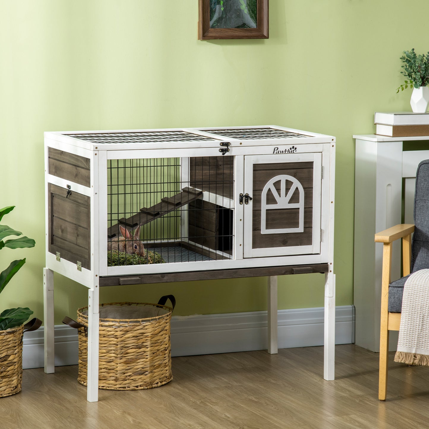 Rabbit Hutch, Elevated Guinea Pig Cage w/ Openable Roof & Tray, Brown