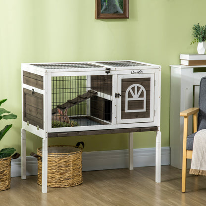 Rabbit Hutch, Elevated Guinea Pig Cage w/ Openable Roof & Tray, Brown