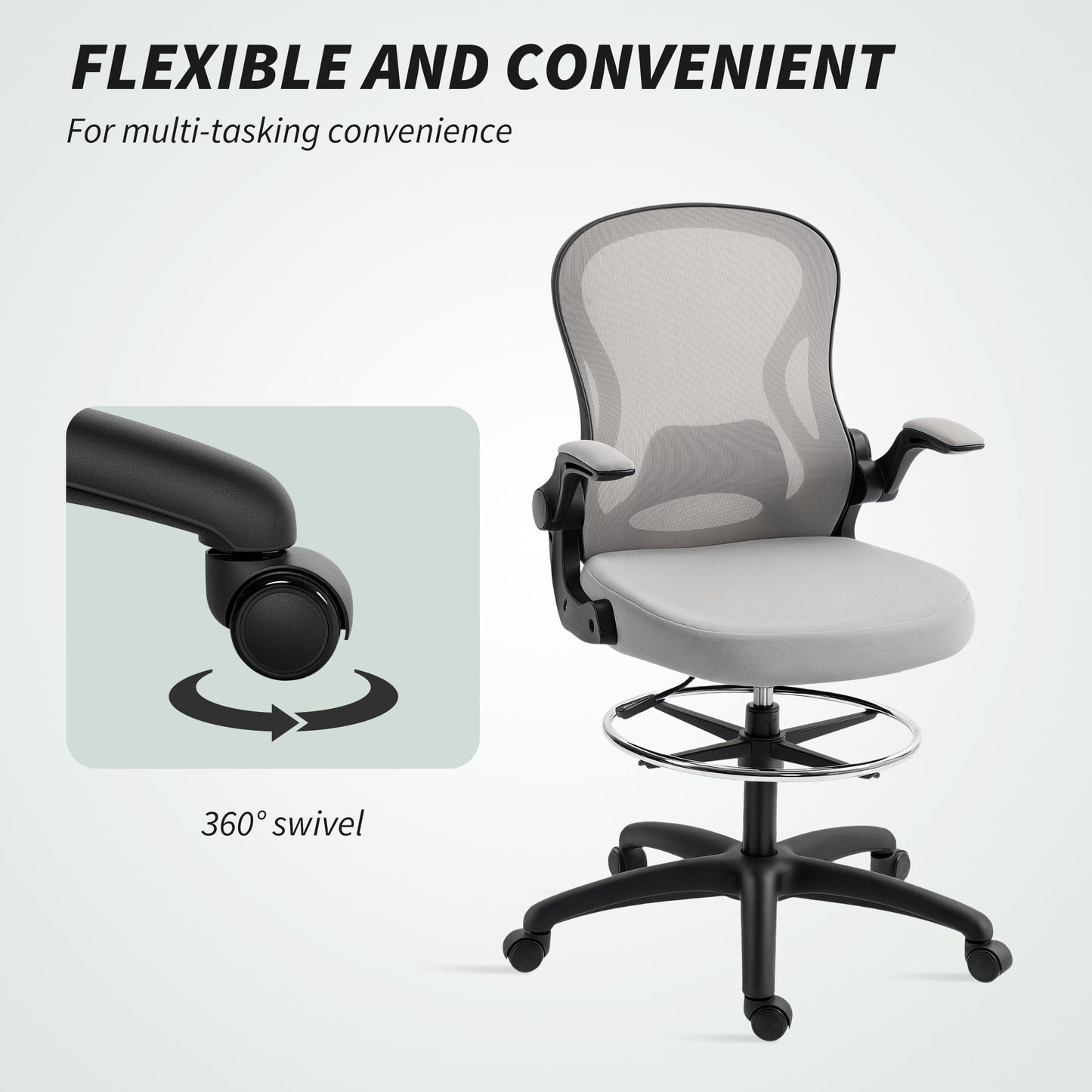 Draughtsman Chair Mesh Chair w/ Adjustable Footrest Ring, Grey