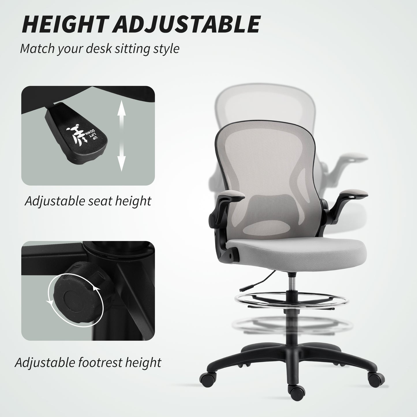 Draughtsman Chair Mesh Chair w/ Adjustable Footrest Ring, Grey