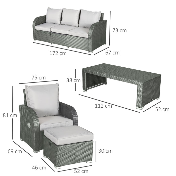 7-Seater Rattan Garden Furniture w/ Coffee Table Footstool Space-saving Patio Wicker Weave Reclining Chair Set, Grey