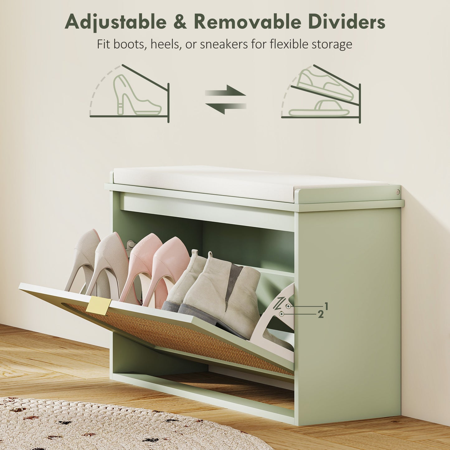 Boho Shoe Bench with Padded Seat and Flip-Drawer, Light Green