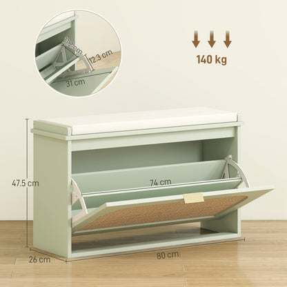 Boho Shoe Bench with Padded Seat and Flip-Drawer, Light Green