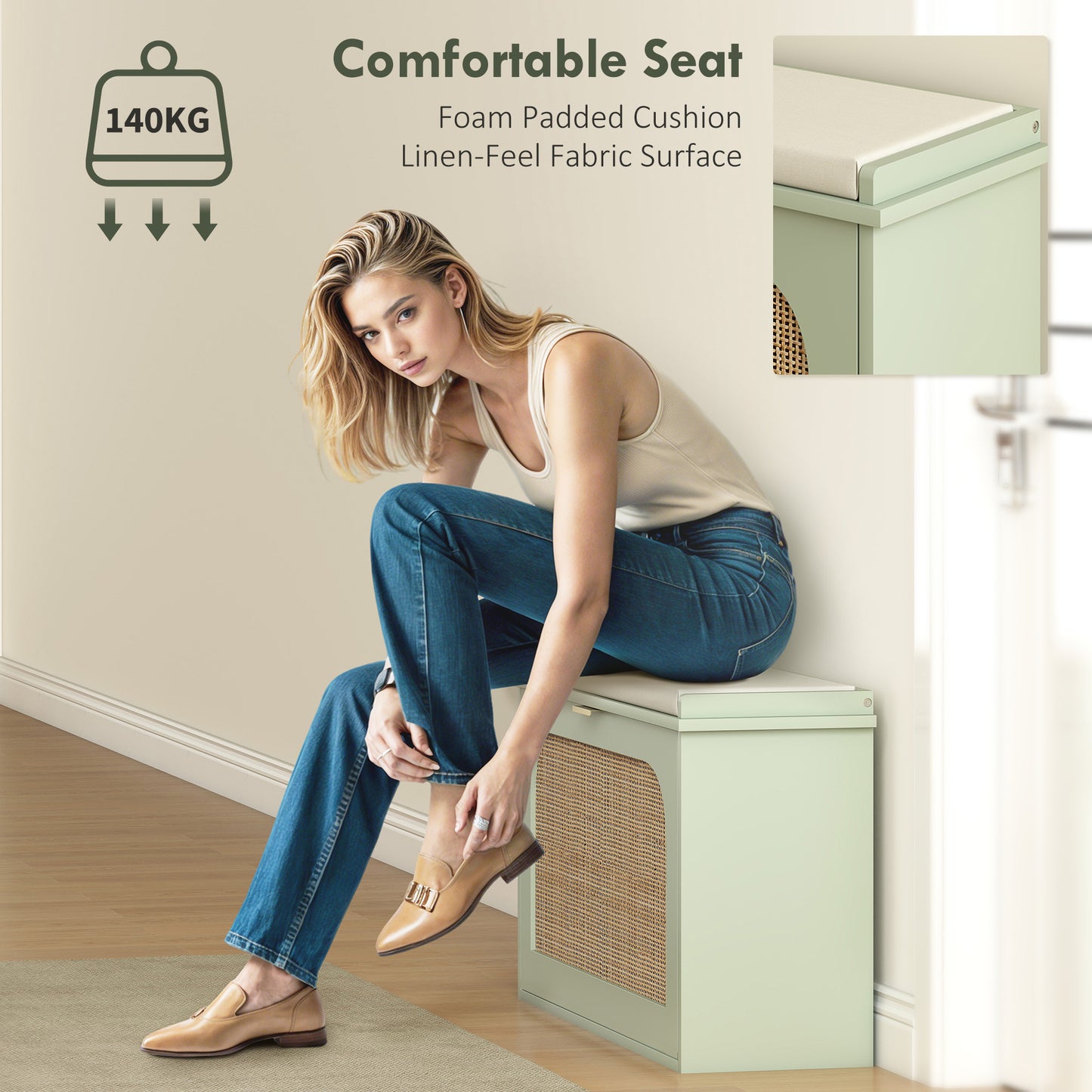 Boho Shoe Bench with Padded Seat and Flip-Drawer, Light Green