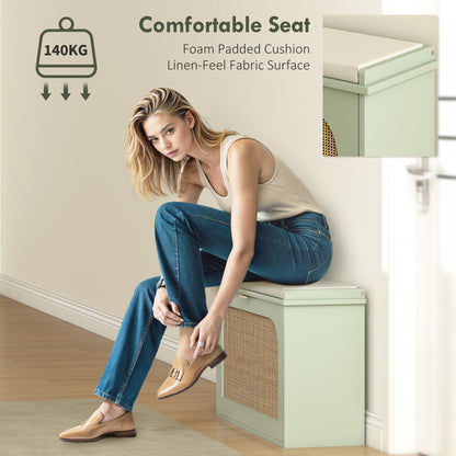 Boho Shoe Bench with Padded Seat and Flip-Drawer, Light Green