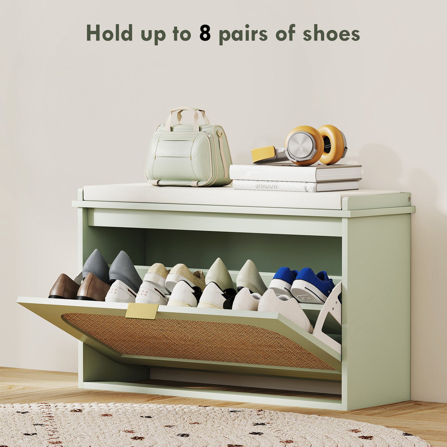 Boho Shoe Bench with Padded Seat and Flip-Drawer, Light Green