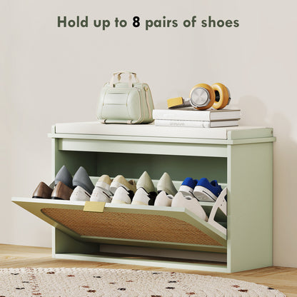 Boho Shoe Bench with Padded Seat and Flip-Drawer, Light Green