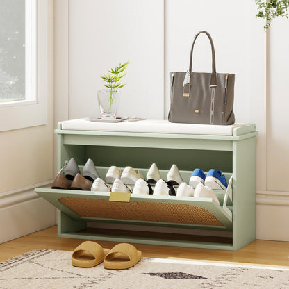 Boho Shoe Bench with Padded Seat and Flip-Drawer, Light Green