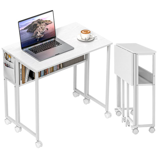 80 cm Foldable Computer Desk on Wheels for Small Spaces White