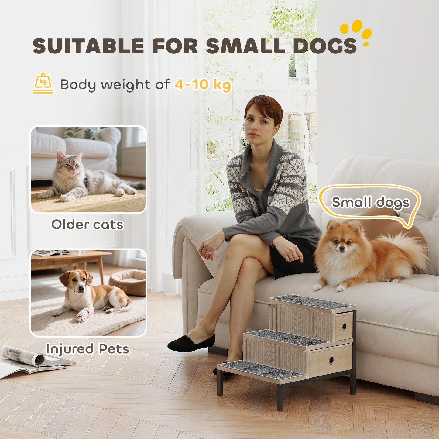 Dog Stairs with Storage, Dog Steps for Older Cats & Small Dogs, Oak