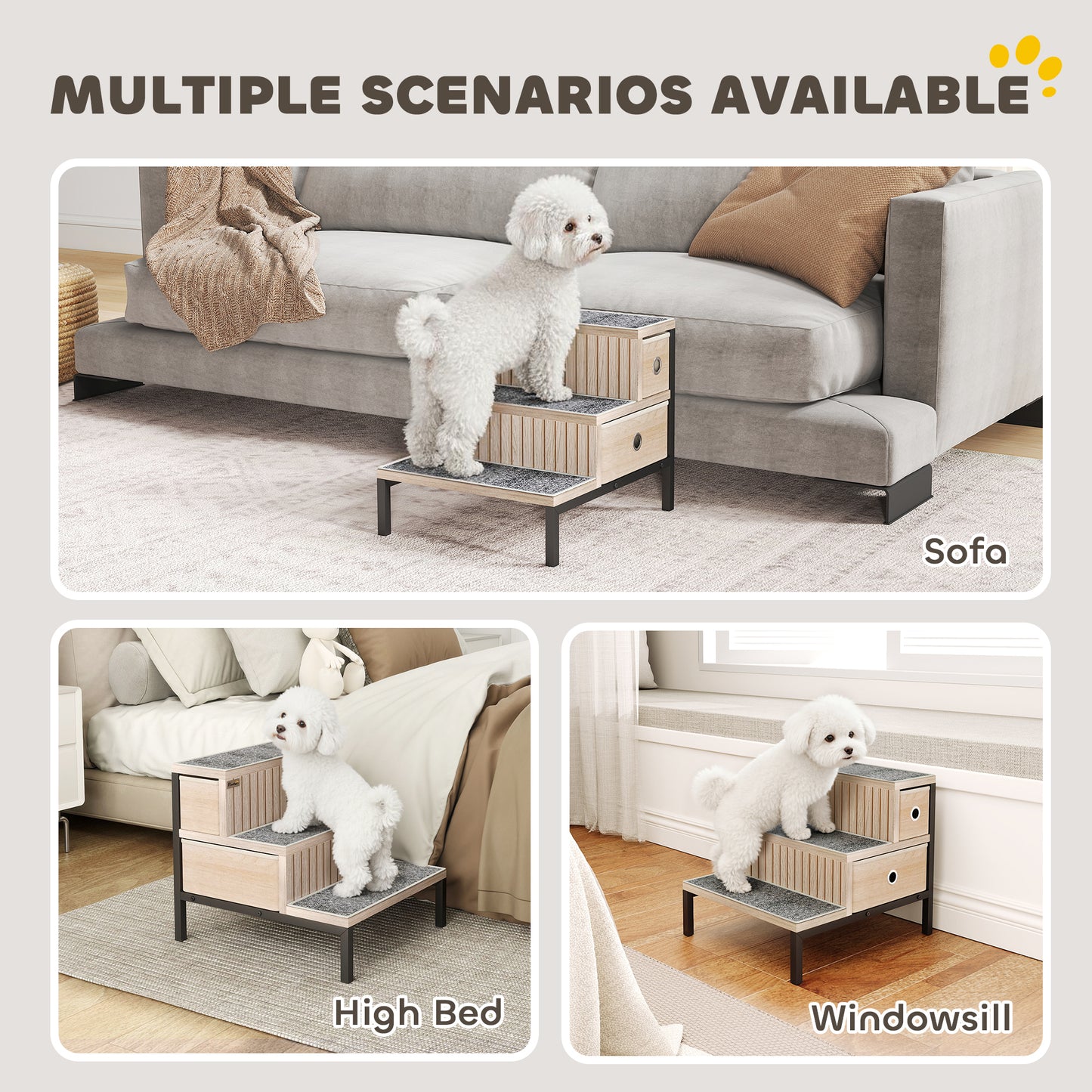 Dog Stairs with Storage, Dog Steps for Older Cats & Small Dogs, Oak