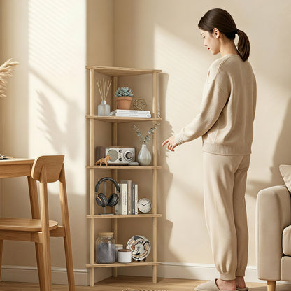 5-Tier Corner Storage Shelf for Living Room, Natural Wood Finish