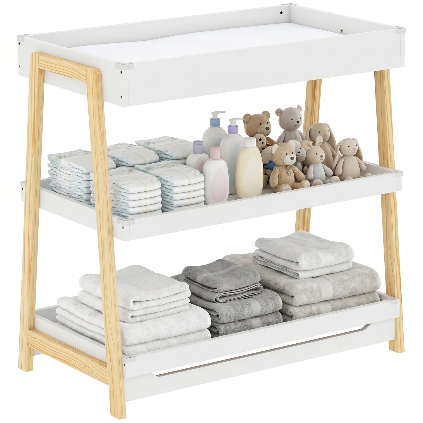 Baby Changing Table with 2 Storage Shelves, Nursery Diaper Baby Changing Unit with Waterproof Changing Mat for 0-12 Months (max. 14 kg), Infant Care Station for Bedroom Nursery, White