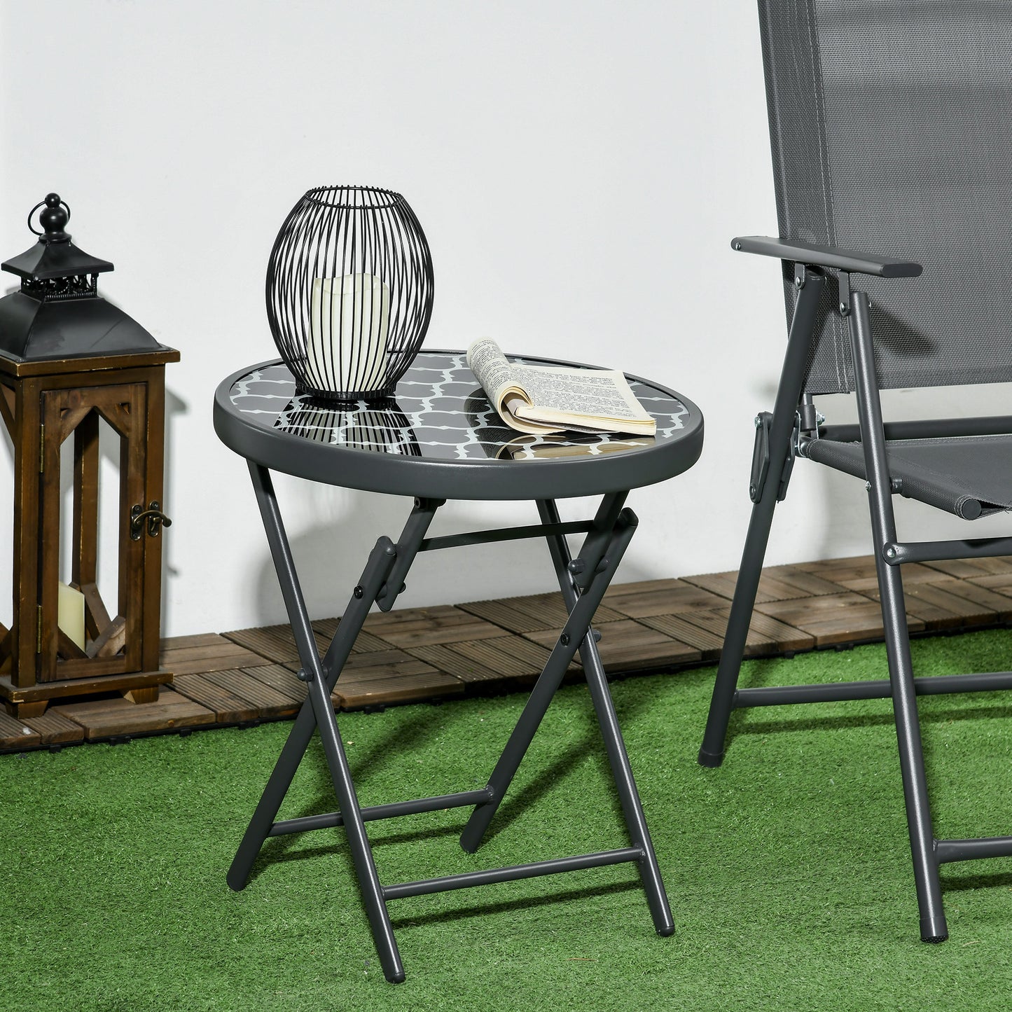 Φ45cm Outdoor Side Table, Round Folding Patio Table with Imitation Marble Glass Top, Small Coffee Table, Black