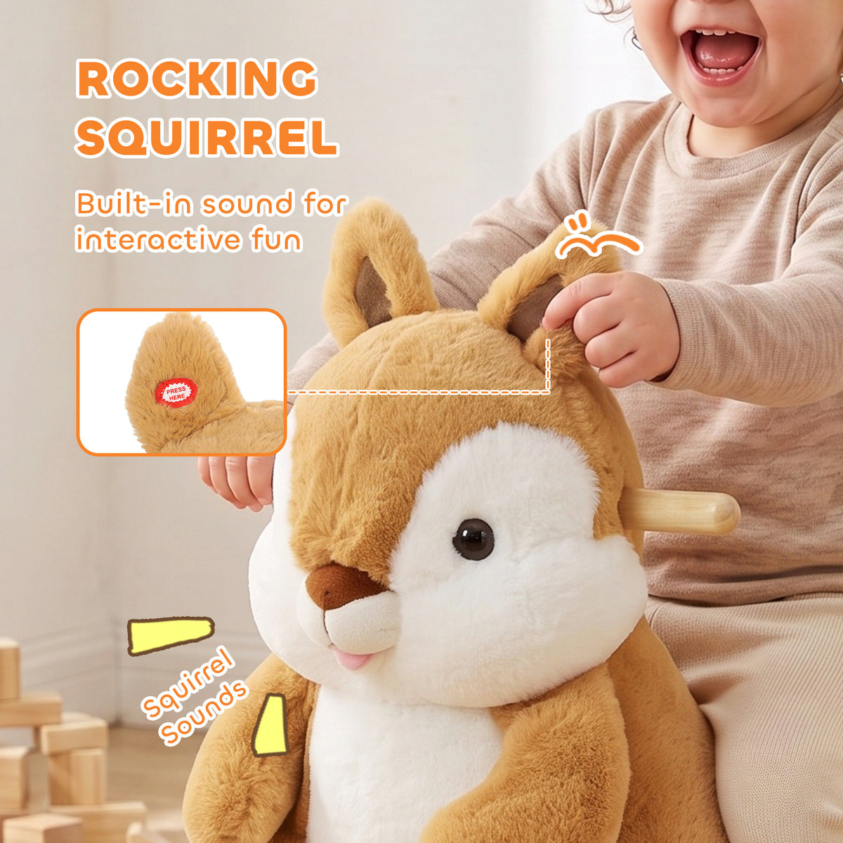 Plush Rocking Squirrel with Sounds and Safety Belt - Brown