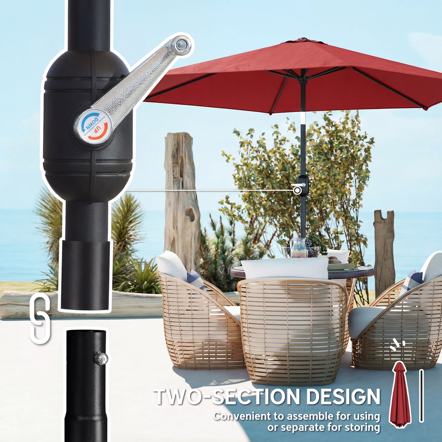 2.6M Garden Parasol Umbrella with Aluminium Pole, Tilt, Crank
