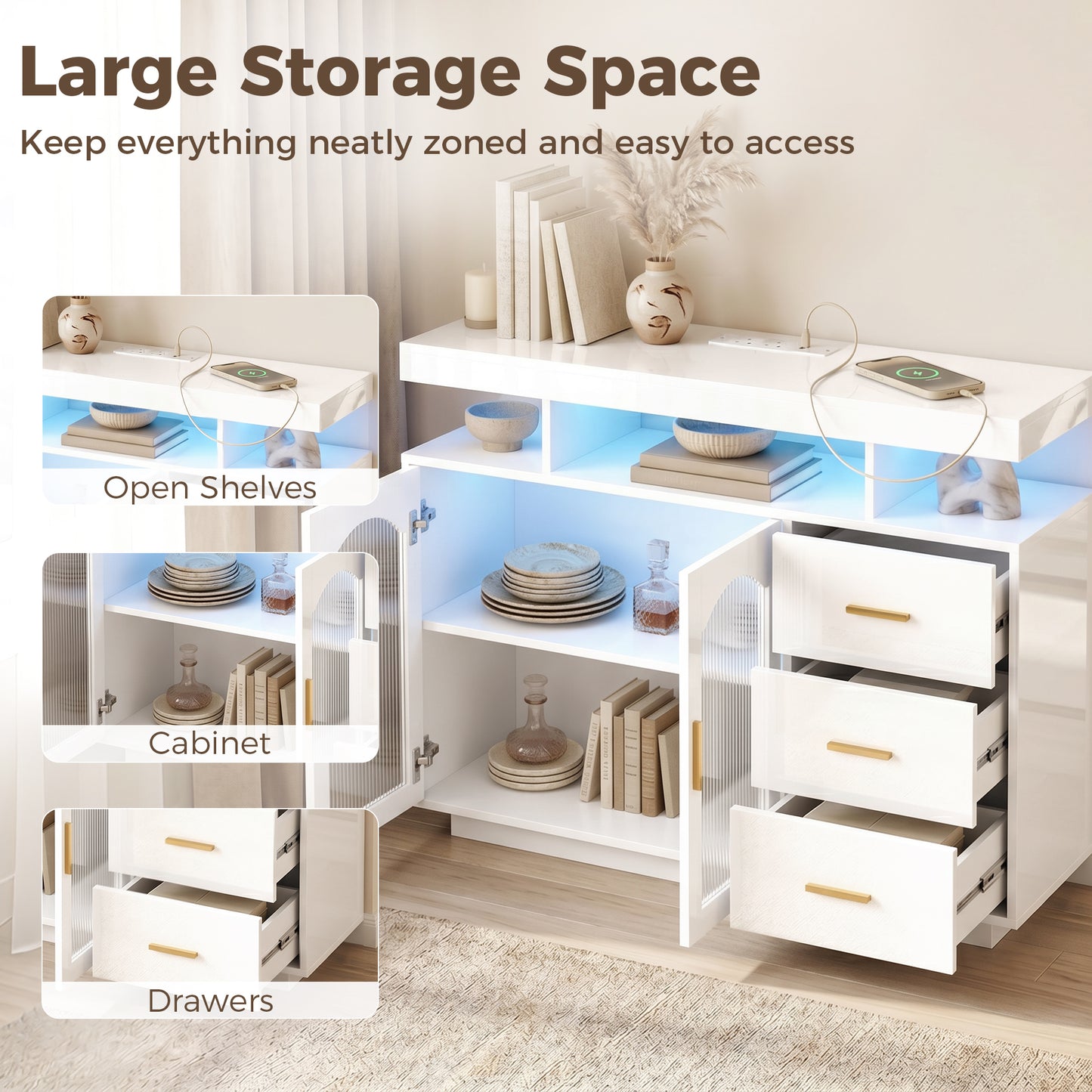 High Gloss Sideboard with LED Lights, Built-in Power Outlets, Modern Storage Cabinet with 3 Drawers, Shelves and 2 Acrylic Doors, Soft-Close TV Stand Unit for 72-Inch TVs, Living Room, White