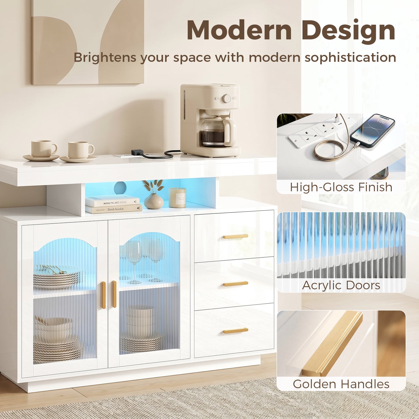 High Gloss Sideboard with LED Lights, Built-in Power Outlets, Modern Storage Cabinet with 3 Drawers, Shelves and 2 Acrylic Doors, Soft-Close TV Stand Unit for 72-Inch TVs, Living Room, White