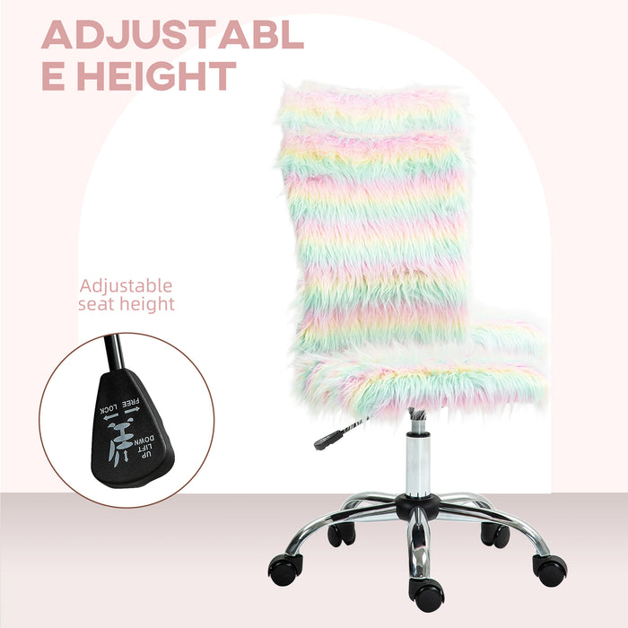 Fluffy Makeup Vanity Chair with No Arm, Swivel Wheels, Unicorn Tone