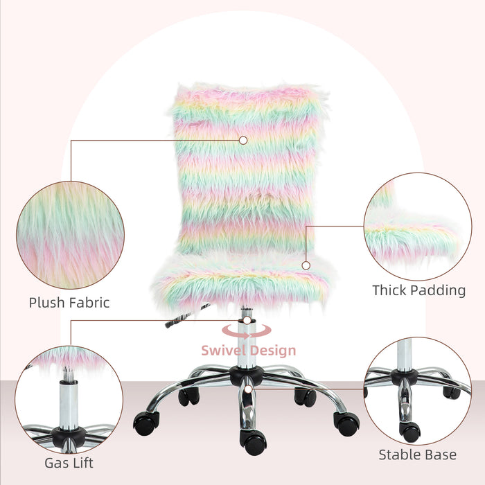 Fluffy Makeup Vanity Chair with No Arm, Swivel Wheels, Unicorn Tone