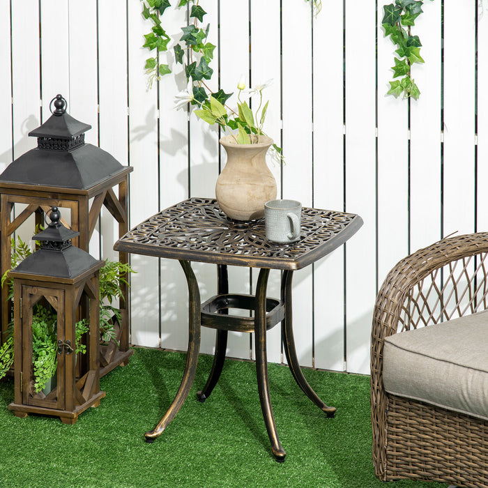 Outdoor Patio Side Table with 38mm Dia. Umbrella Hole, Cast Aluminium Patio coffee Table, 54 x 54cm, Bronze