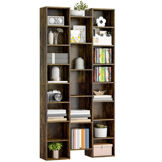 Tall Bookshelf with 21 Compartments and 10 Adjustable Shelves, Brown