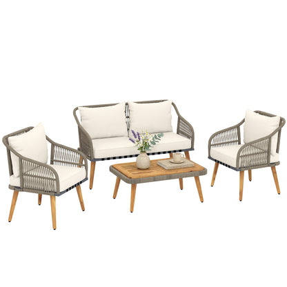 4 Piece Rattan Garden Furniture Set w/ Thick Cushions, Cream White