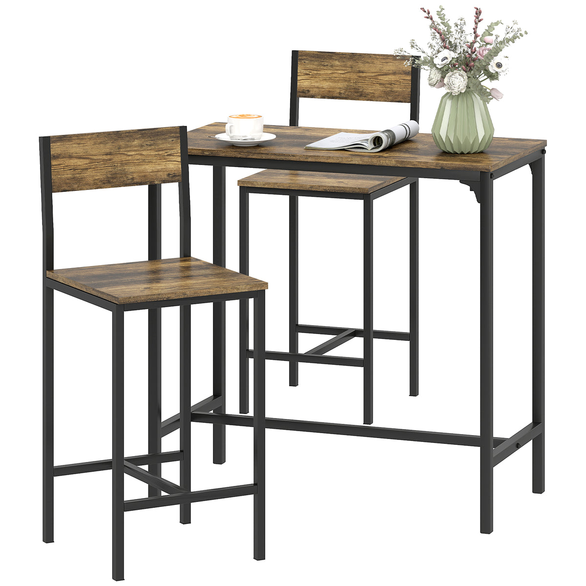 Bar Table and Stools Set, Kitchen Table and 2 Chairs with Backrest, Footrest