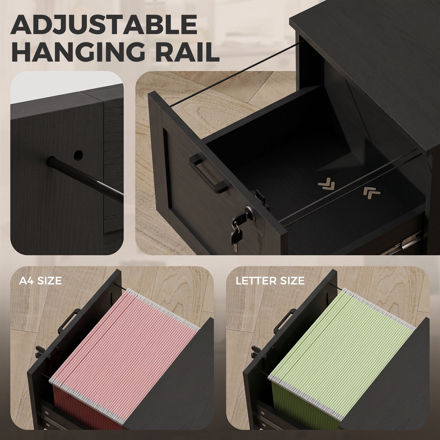 2-Drawer File Cabinet, Lockable Filing Cabinet for A4 Letter, Black