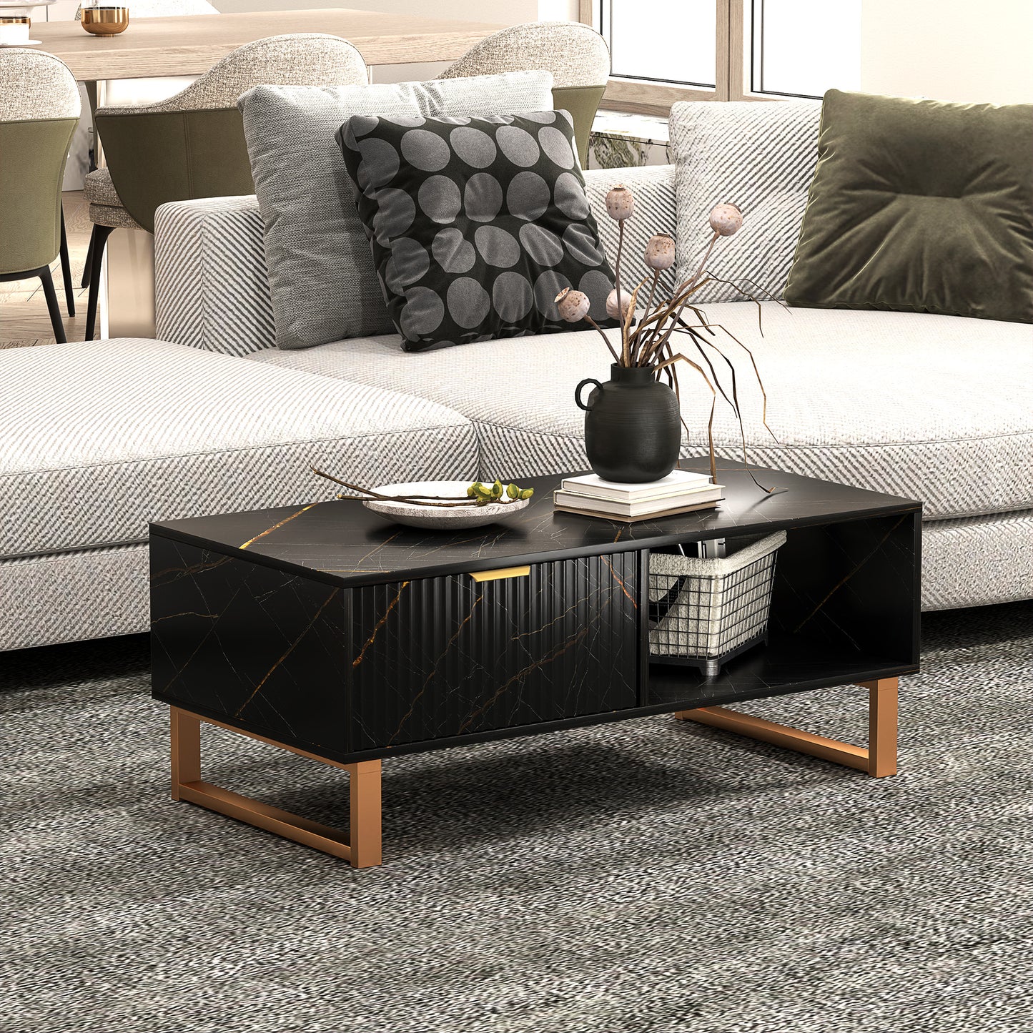 Coffee Table, Living Room Table with Drawer and Open Shelves, Black
